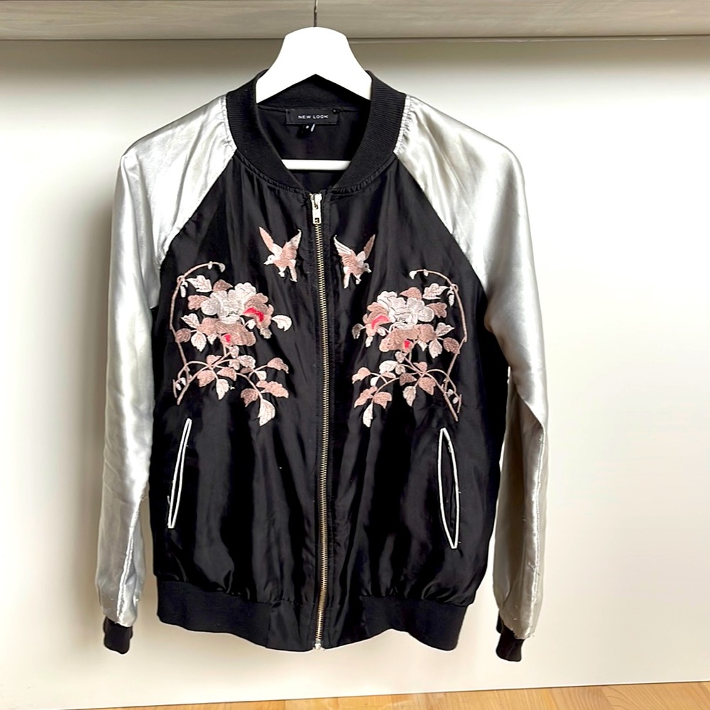 Satin Varsity Bomber Jacket by New Look UK size S/US 4